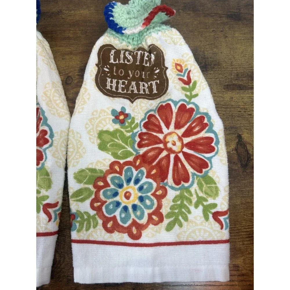 Set (2) Listen To Your Heart Floral Hanging Kitchen Towels Crochet Top Boho Home